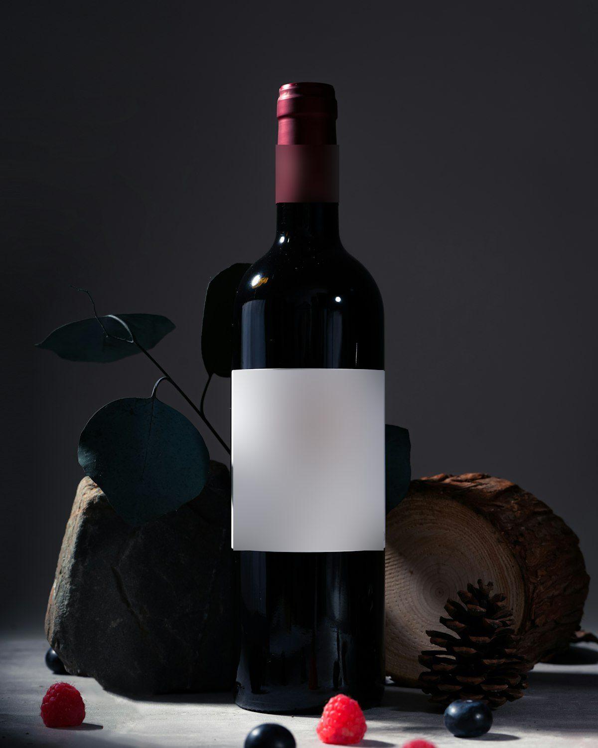 Garrafa de vinho tinto com cápsula bordô entre pedra, tronco de madeira e frutas vermelhas